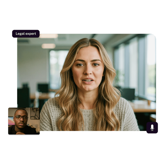 An image of a video call between two people. The person speaking is in the big screen and the person listening is on a small screen on the bottom left. The person speaking is labelled "Legal expert" and is a white woman with blonde hair sitting in an office environment. The person listening is a Black man in thin-framed glasses in what looks like a home office. 